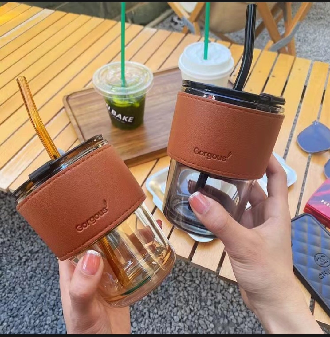 450ml coffee mugs with lids and straws with leather sleeve