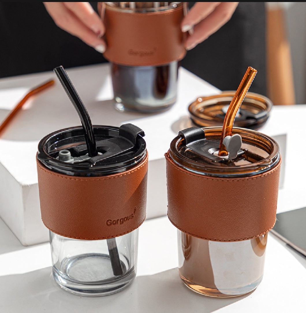 450ml coffee mugs with lids and straws with leather sleeve