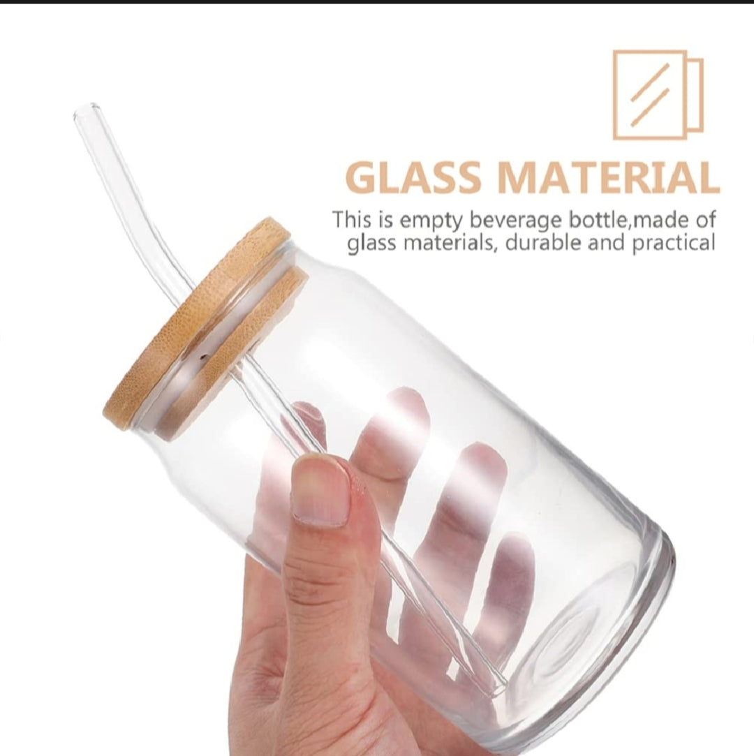 500ML Round Shape Glass With Glass Straw & Wooden Lid