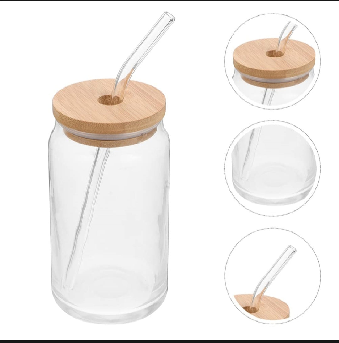 500ML Round Shape Glass With Glass Straw & Wooden Lid