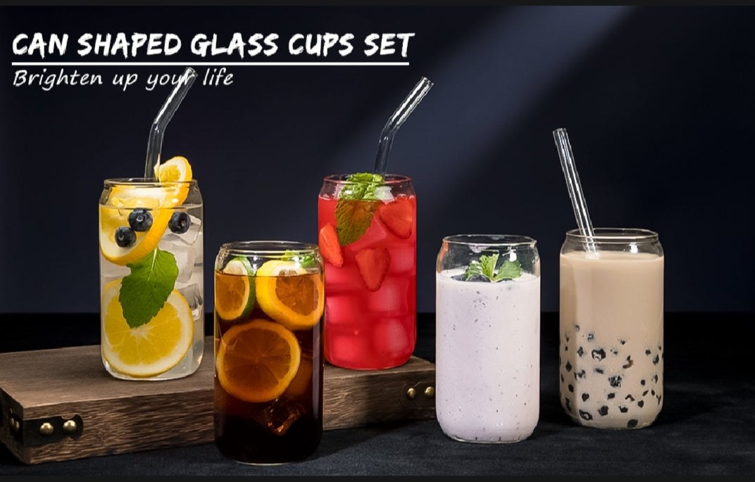 500ML Round Shape Glass With Glass Straw & Wooden Lid